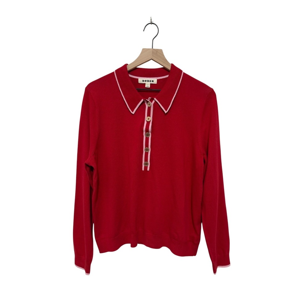 Boden Red Pink Trim Collared Knit Sweater Large Cotton Wool Blend Preppy Top - Picture 2 of 9
